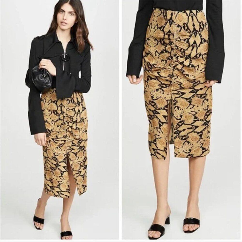 BA&SH Jupe Carry Midi Skirt, Slit, Ruched, Snakeskin, Size 2 (8/M) - Picture 2 of 14